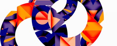 Birbirine kenetlenmiş dairesel ve açısal şekillerle soyut geometrik bileşim, pürüzsüz gradyanlar ve beyaz arkaplan üzerinde keskin karşıtlıklar