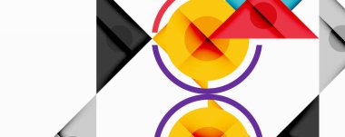 Üst üste binen üçgenler, daireler ve gradyanlarla soyut geometrik bileşim, merkezi dairesel dizayn ve metin