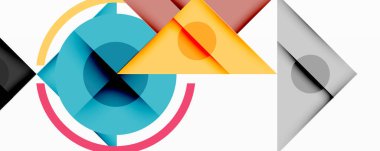 Katmanlı üçgenler, daireler ve gradyanlarla birlikte geometrik soyut tasarım, keskin zıtlıklar ve derinlikle yapılandırılmış bir model oluşturur.