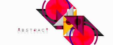 Üst üste binen üçgenler, daireler ve gradyanlarla soyut geometrik bileşim, merkezi dairesel dizayn ve metin