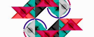 Kesişen üçgenler, daireler ve gradyanlarla soyut geometrik bileşim, derinlik ve kontrastla dinamik bir katman oluşturur.