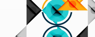 Kesişen üçgenler, daireler ve gradyanlarla soyut geometrik bileşim, derinlik ve kontrastla dinamik bir katman oluşturur.