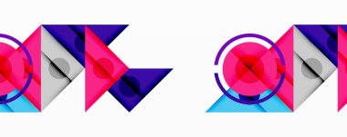 Üst üste binen üçgenler, daireler ve gradyanlarla soyut geometrik bileşim, merkezi dairesel dizayn ve metin