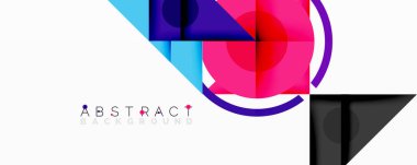 Üst üste binen üçgenler, daireler ve gradyanlarla soyut geometrik bileşim, merkezi dairesel dizayn ve metin