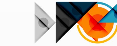 Üst üste binen üçgenler, daireler ve gradyanlarla soyut geometrik bileşim, merkezi dairesel dizayn ve metin