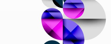 Kesişen daireler, üçgenler, kareler ve keskin açılarla soyut geometrik tasarım gradyan, derinlik ve kontrast içeren katmanlı bir bileşim yaratır.