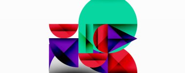 Kesişen daireler, üçgenler, kareler ve keskin açılarla soyut geometrik tasarım gradyan, derinlik ve kontrast içeren katmanlı bir bileşim yaratır.