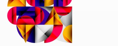 Üst üste binen daireler ve gradyanlarla soyut geometrik çizimler, daire kare üçgen şekilleri arka plan şekilleri keskin açısal kesikler, pürüzsüz gölgeleme ve yapılandırılmış katman bileşimi