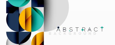 Kesişen daireler, üçgenler, kareler ve keskin açılarla soyut geometrik tasarım gradyan, derinlik ve kontrast içeren katmanlı bir bileşim yaratır.