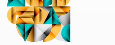 Kesişen daireler, üçgenler, kareler ve keskin açılarla soyut geometrik tasarım gradyan, derinlik ve kontrast içeren katmanlı bir bileşim yaratır.