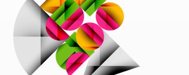 Kesişen daireler, üçgenler, kareler ve keskin açılarla soyut geometrik tasarım gradyan, derinlik ve kontrast içeren katmanlı bir bileşim yaratır.