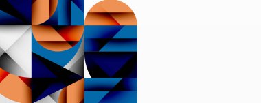 Üst üste binen daireler ve gradyanlarla soyut geometrik çizimler, daire kare üçgen şekilleri arka plan şekilleri keskin açısal kesikler, pürüzsüz gölgeleme ve yapılandırılmış katman bileşimi