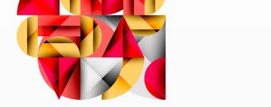 Kesişen daireler, üçgenler, kareler ve keskin açılarla soyut geometrik tasarım gradyan, derinlik ve kontrast içeren katmanlı bir bileşim yaratır.