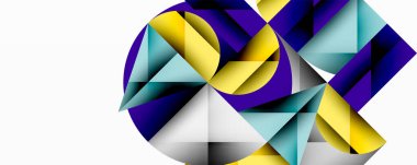 Kesişen daireler, üçgenler, kareler ve keskin açılarla soyut geometrik tasarım gradyan, derinlik ve kontrast içeren katmanlı bir bileşim yaratır.