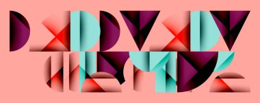 Katmanlı gradyan şekilli soyut geometrik arkaplan dinamik desenler oluşturuyor. Üst üste binen yarı daireler ve üçgenler derinlik ve karşıtlık yaratır