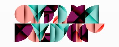 Katmanlı gradyan şekilli soyut geometrik arkaplan dinamik desenler oluşturuyor. Üst üste binen yarı daireler ve üçgenler derinlik ve karşıtlık yaratır