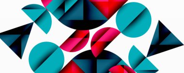 Katmanlı gradyan şekilli soyut geometrik arkaplan dinamik desenler oluşturuyor. Üst üste binen yarı daireler ve üçgenler derinlik ve karşıtlık yaratır