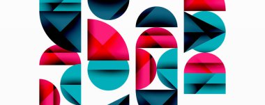 Katmanlı gradyan şekilli soyut geometrik arkaplan dinamik desenler oluşturuyor. Üst üste binen yarı daireler ve üçgenler derinlik ve karşıtlık yaratır