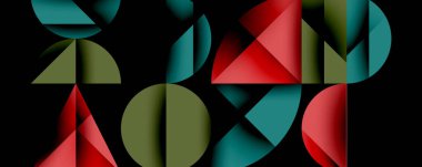 Çemberler ve üçgenlerin kesiştiği soyut geometrik desen. Yüksek kontrastlı kompozisyon derinlik yaratır ve dinamik, modern estetik