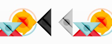 Katmanlı üçgenler, daireler ve gradyanlarla birlikte geometrik soyut tasarım, keskin zıtlıklar ve derinlikle yapılandırılmış bir model oluşturur.