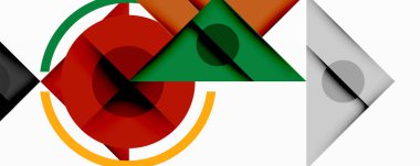Üst üste binen üçgenler, daireler ve gradyanlarla soyut geometrik bileşim, merkezi dairesel dizayn ve metin