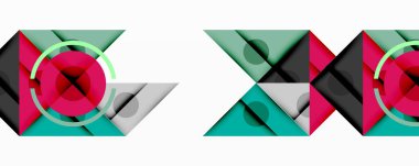 Katmanlı üçgenler, daireler ve gradyanlarla birlikte geometrik soyut tasarım, keskin zıtlıklar ve derinlikle yapılandırılmış bir model oluşturur.