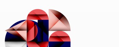 Kesişen daireler, üçgenler, kareler ve keskin açılarla soyut geometrik tasarım gradyan, derinlik ve kontrast içeren katmanlı bir bileşim yaratır.