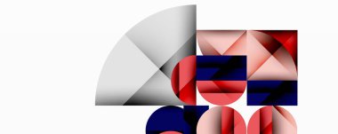 Kesişen daireler, üçgenler, kareler ve keskin açılarla soyut geometrik tasarım gradyan, derinlik ve kontrast içeren katmanlı bir bileşim yaratır.