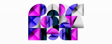 Kesişen daireler, üçgenler, kareler ve keskin açılarla soyut geometrik tasarım gradyan, derinlik ve kontrast içeren katmanlı bir bileşim yaratır.