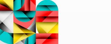 Üst üste binen daireler ve gradyanlarla soyut geometrik çizimler, daire kare üçgen şekilleri arka plan şekilleri keskin açısal kesikler, pürüzsüz gölgeleme ve yapılandırılmış katman bileşimi