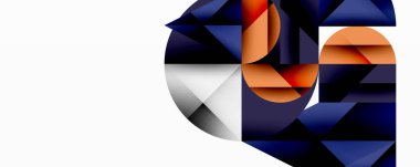 Kesişen daireler, üçgenler, kareler ve keskin açılarla soyut geometrik tasarım gradyan, derinlik ve kontrast içeren katmanlı bir bileşim yaratır.