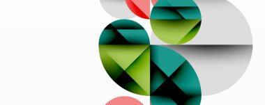 Kesişen daireler, üçgenler, kareler ve keskin açılarla soyut geometrik tasarım gradyan, derinlik ve kontrast içeren katmanlı bir bileşim yaratır.