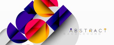 Üst üste binen daireler ve gradyanlarla soyut geometrik çizimler, daire kare üçgen şekilleri arka plan şekilleri keskin açısal kesikler, pürüzsüz gölgeleme ve yapılandırılmış katman bileşimi