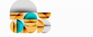 Kesişen daireler, üçgenler, kareler ve keskin açılarla soyut geometrik tasarım gradyan, derinlik ve kontrast içeren katmanlı bir bileşim yaratır.