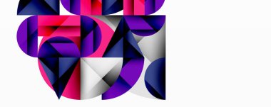 Üst üste binen daireler ve gradyanlarla soyut geometrik çizimler, daire kare üçgen şekilleri arka plan şekilleri keskin açısal kesikler, pürüzsüz gölgeleme ve yapılandırılmış katman bileşimi