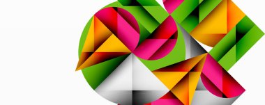 Kesişen daireler, üçgenler, kareler ve keskin açılarla soyut geometrik tasarım gradyan, derinlik ve kontrast içeren katmanlı bir bileşim yaratır.