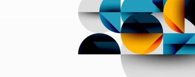 Üst üste binen daireler ve gradyanlarla soyut geometrik çizimler, daire kare üçgen şekilleri arka plan şekilleri keskin açısal kesikler, pürüzsüz gölgeleme ve yapılandırılmış katman bileşimi