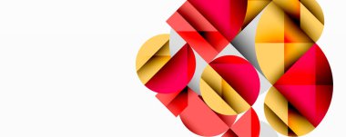 Kesişen daireler, üçgenler, kareler ve keskin açılarla soyut geometrik tasarım gradyan, derinlik ve kontrast içeren katmanlı bir bileşim yaratır.