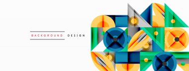 Kesişen şekiller, daireler, üçgenler ve gradyanlar ile geometrik soyut bileşim, canlı renkleri ve dinamik karşıtlıkları harmanlayarak modern, geleceksel bir görsel tasarım yaratmak için