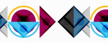 Kesişen üçgenler, daireler ve gradyanlarla soyut geometrik bileşim, derinlik ve kontrastla dinamik bir katman oluşturur.