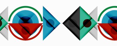 Katmanlı üçgenler, daireler ve gradyanlarla birlikte geometrik soyut tasarım, keskin zıtlıklar ve derinlikle yapılandırılmış bir model oluşturur.