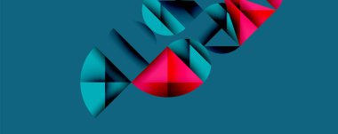 Katmanlı gradyan şekilli soyut geometrik arkaplan dinamik desenler oluşturuyor. Üst üste binen yarı daireler ve üçgenler derinlik ve karşıtlık yaratır