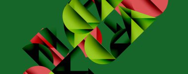 Katmanlı gradyan şekilli soyut geometrik arkaplan dinamik desenler oluşturuyor. Üst üste binen yarı daireler ve üçgenler derinlik ve karşıtlık yaratır