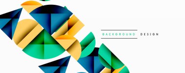 Katmanlı gradyan şekilli soyut geometrik arkaplan dinamik desenler oluşturuyor. Üst üste binen yarı daireler ve üçgenler derinlik ve karşıtlık yaratır