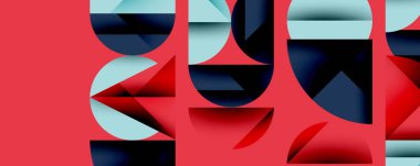 Katmanlı gradyan şekilli soyut geometrik arkaplan dinamik desenler oluşturuyor. Üst üste binen yarı daireler ve üçgenler derinlik ve karşıtlık yaratır