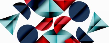 Katmanlı gradyan şekilli soyut geometrik arkaplan dinamik desenler oluşturuyor. Üst üste binen yarı daireler ve üçgenler derinlik ve karşıtlık yaratır