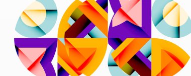 Birbirine kenetlenmiş dairesel ve açısal şekillerle soyut geometrik bileşim, pürüzsüz gradyanlar ve beyaz arkaplan üzerinde keskin karşıtlıklar