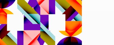 Birbirine kenetlenmiş dairesel ve açısal şekillerle soyut geometrik bileşim, pürüzsüz gradyanlar ve beyaz arkaplan üzerinde keskin karşıtlıklar