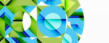 Birbirine kenetlenmiş dairesel ve açısal şekillerle soyut geometrik bileşim, pürüzsüz gradyanlar ve beyaz arkaplan üzerinde keskin karşıtlıklar