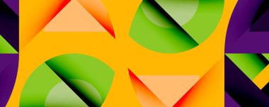 Daireler, yarı daireler, kareler ve yuvarlak üçgenler. Duvar kağıdı, afiş, arkaplan, kart, kitap illüstrasyonu, iniş sayfası için geometrik mozaik mozaik desen soyut arkaplan